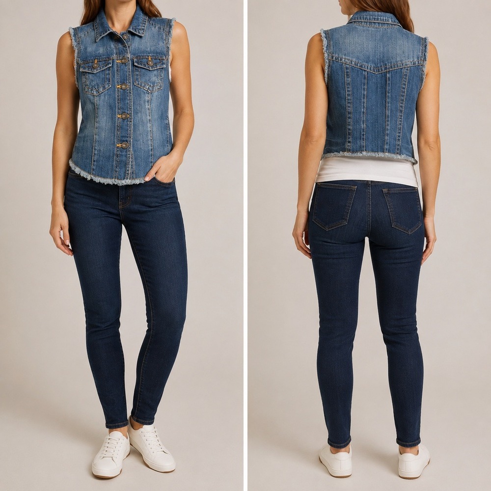 Highway Jeans Denim Vest Medium Blue Wash Frayed Raw Hem Button Front MEDIUM